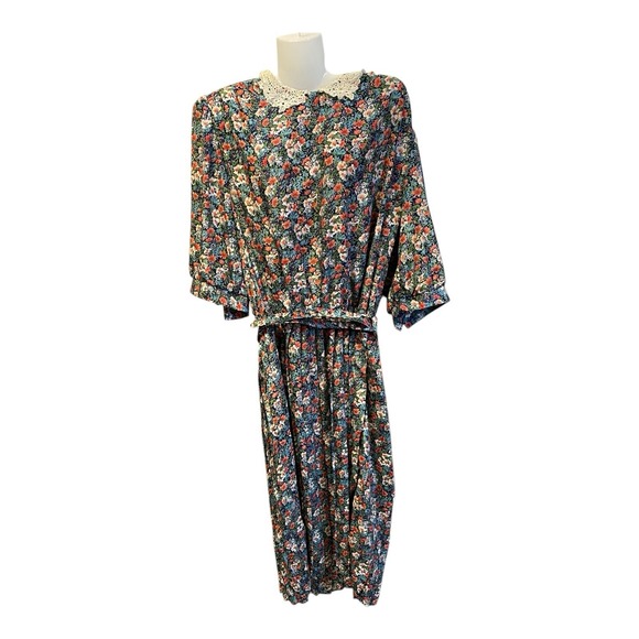 Sweetbriar Dresses & Skirts - VTG Floral Dress 16 Lace Collar Belt Cottagecore Coquette 80s 90s Pleated